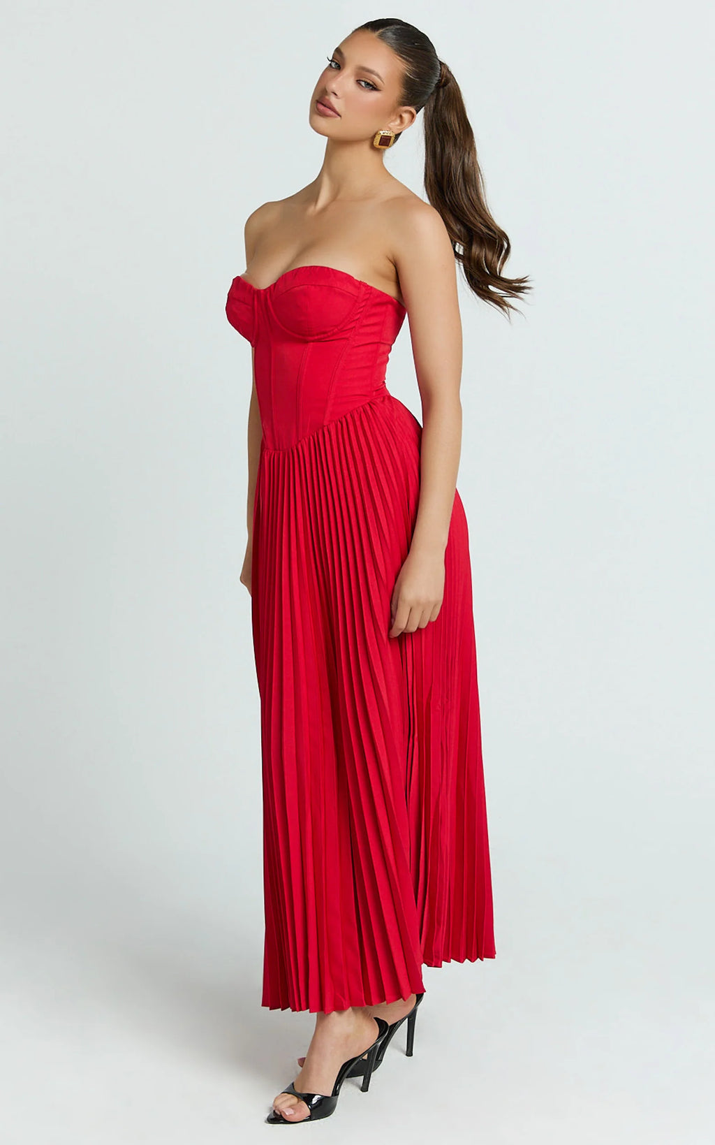 Loretta Midi Dress - Lace Up Back Bustier Pleated Dress in Red